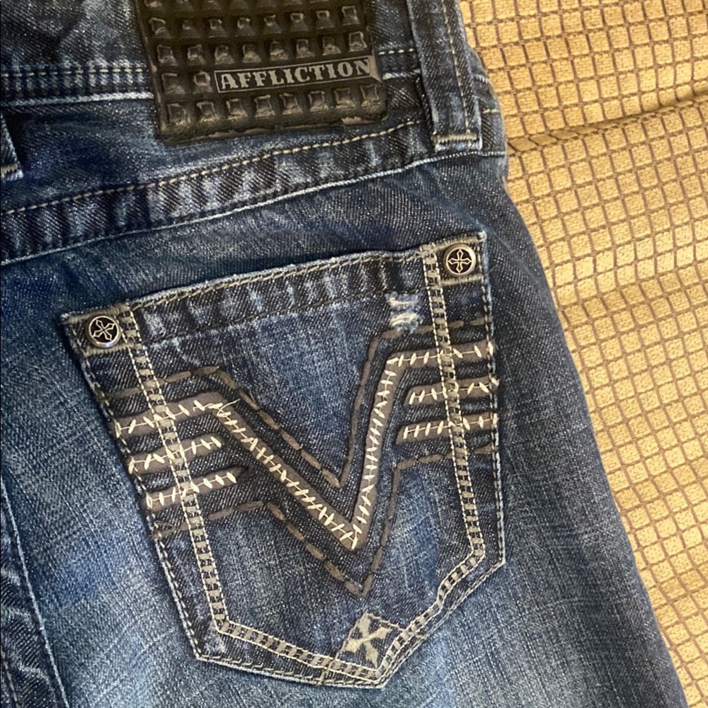 Affliction Blue Straight Jeans with Decorative Stitching